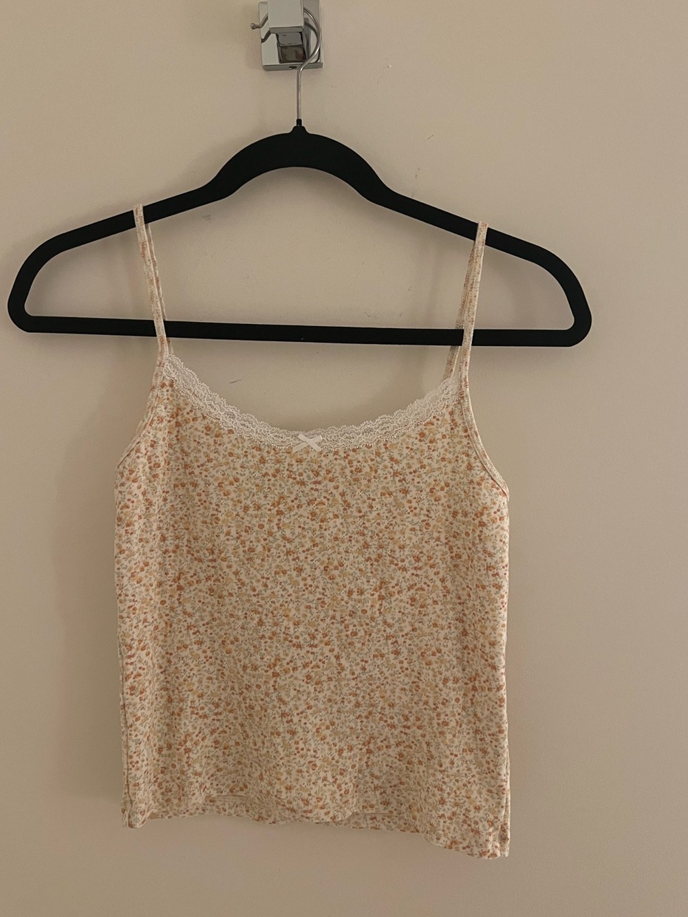 Brandy Melville White Yellow Floral Ribbed Lace Tank Top